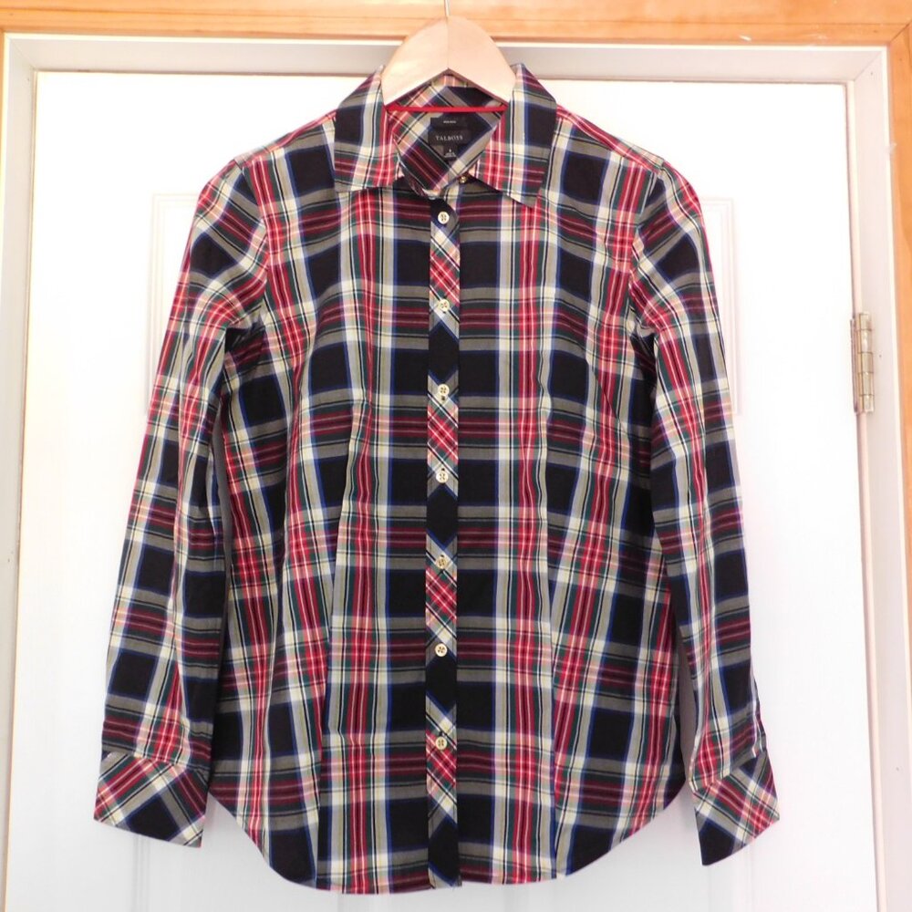 NEW Talbots Non-Iron  Button Down Shirt Women's‎ Size 4 Black Red Plaid Gold